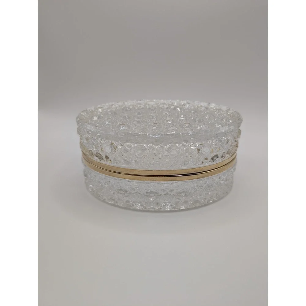 Vintage Cut Glass Crystal Casket Trinket Box Hinged Gold Tone Jewelry Case